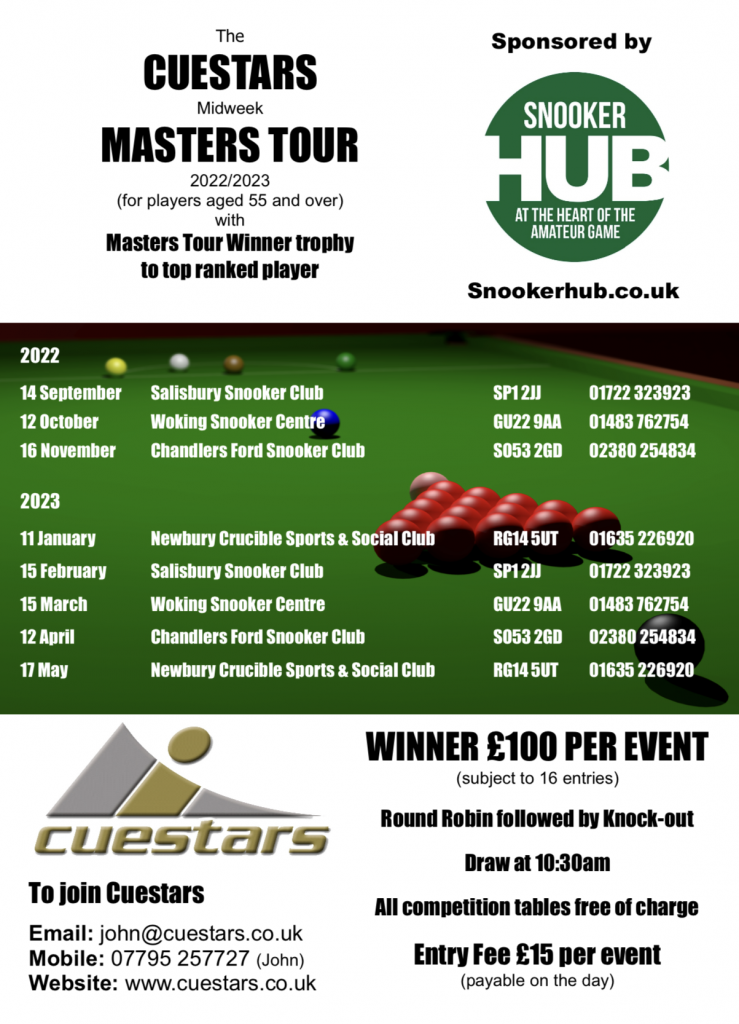 Cuestars Midweek Masters Tour Sponsored by SnookerHub.co.uk