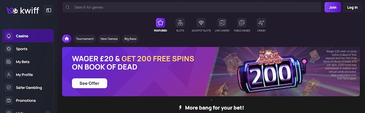 Kwiff's simple interface makes it one of the best crypto casinos for new players